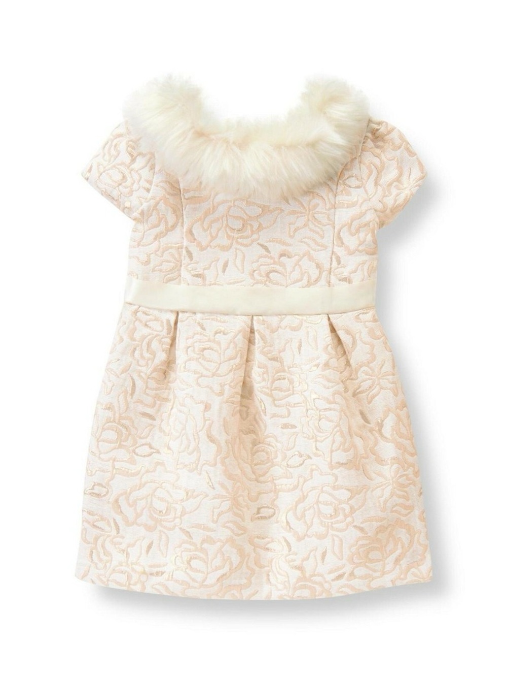 Janie & Jack Girls' Cream Floral Jacquard Dress with Faux-Fur Collar